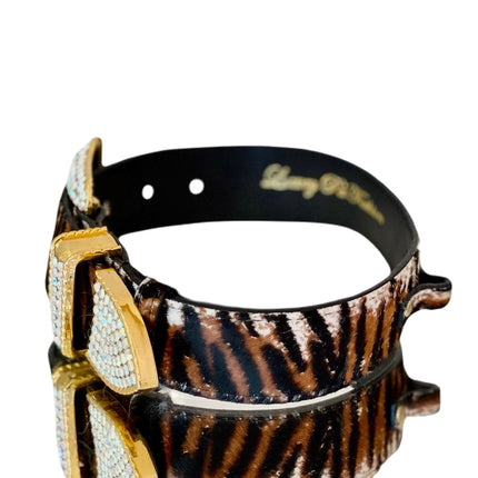 Luxury Pet Fashion Tiger Print Hair On Hide Italian Leather Collar With Swarovski Crystal Hardware