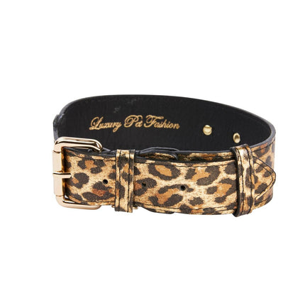 Leopard Print Italian Leather Collar With Gold Classic Hardware