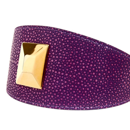 Purple & Pink Embossed Stingray Print Italian Leather 3” Wide Style Collar With Large Custom Gold Rivet