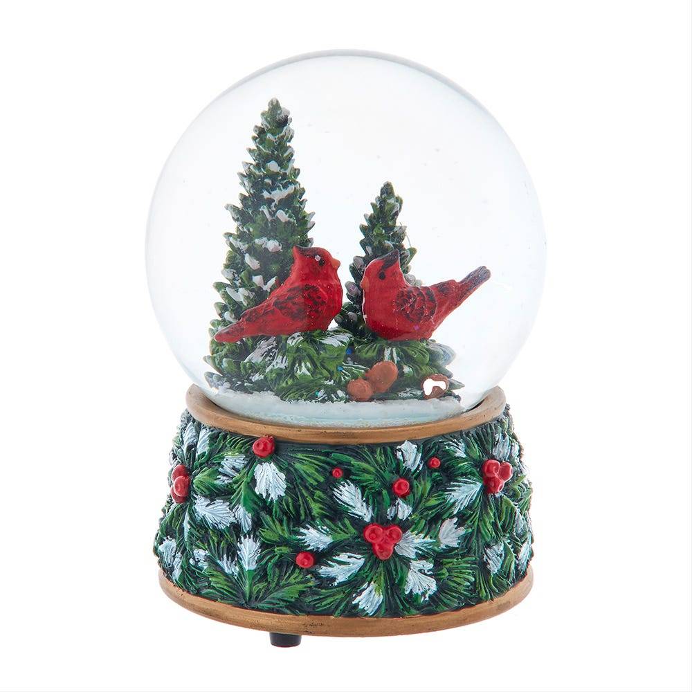 Kurt Adler 100mm Musical Wind-Up Christmas Tree with Cardinals Water Globe