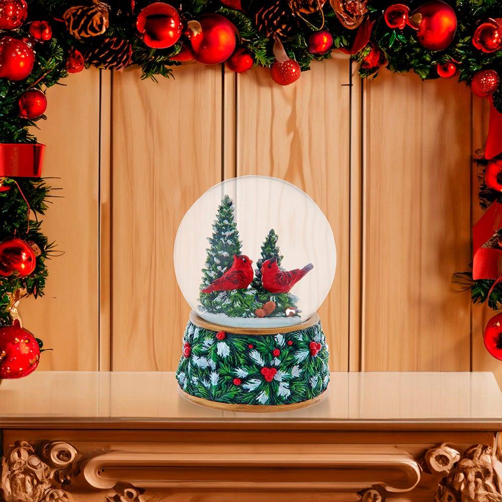 Kurt Adler 100mm Musical Wind-Up Christmas Tree with Cardinals Water Globe