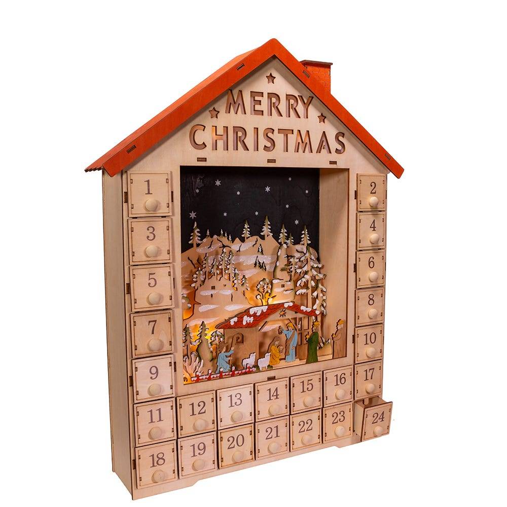 Kurt Adler 19-Inch Battery-Operated Light-Up Advent Calendar House with Nativity Scene