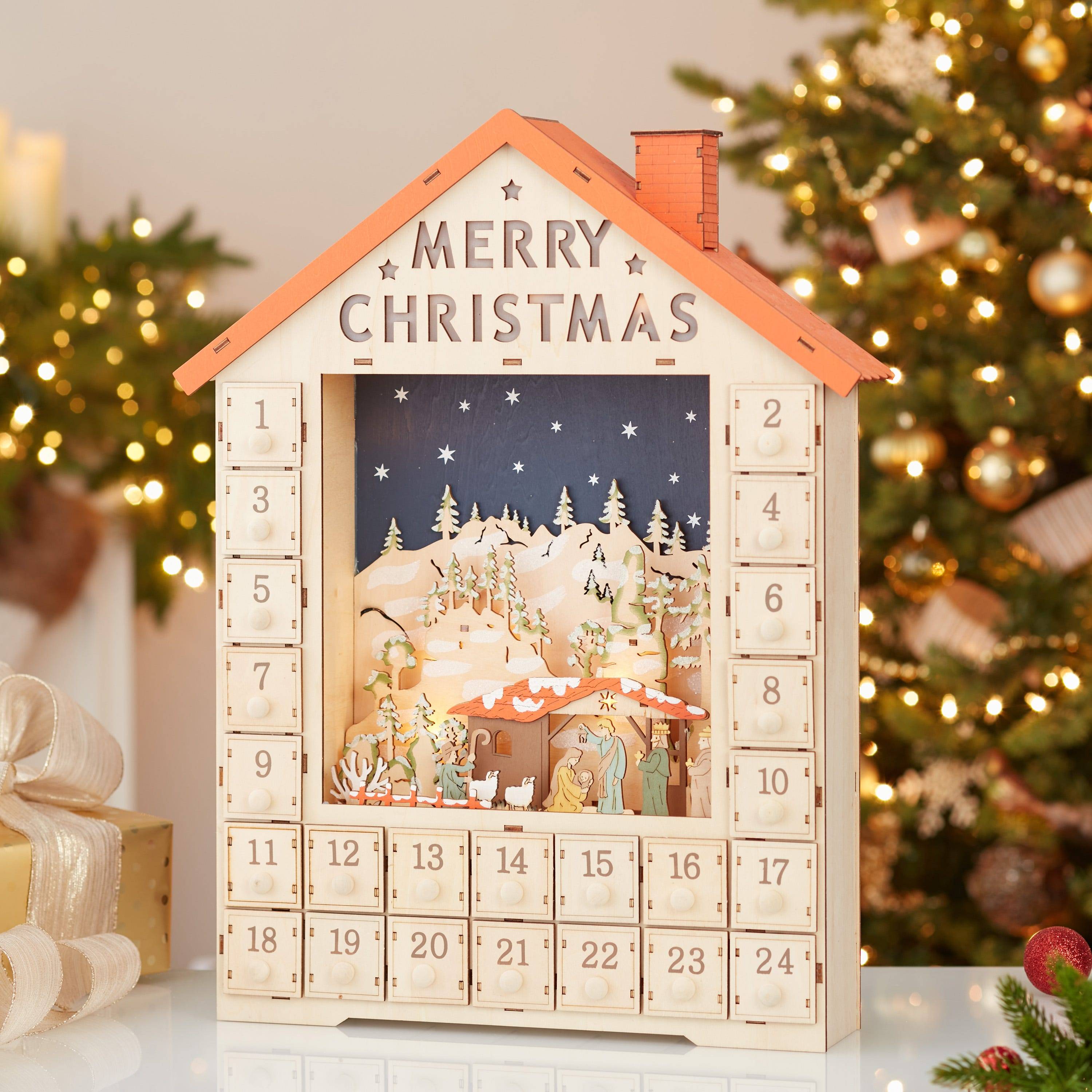 Kurt Adler 19-Inch Battery-Operated Light-Up Advent Calendar House with Nativity Scene