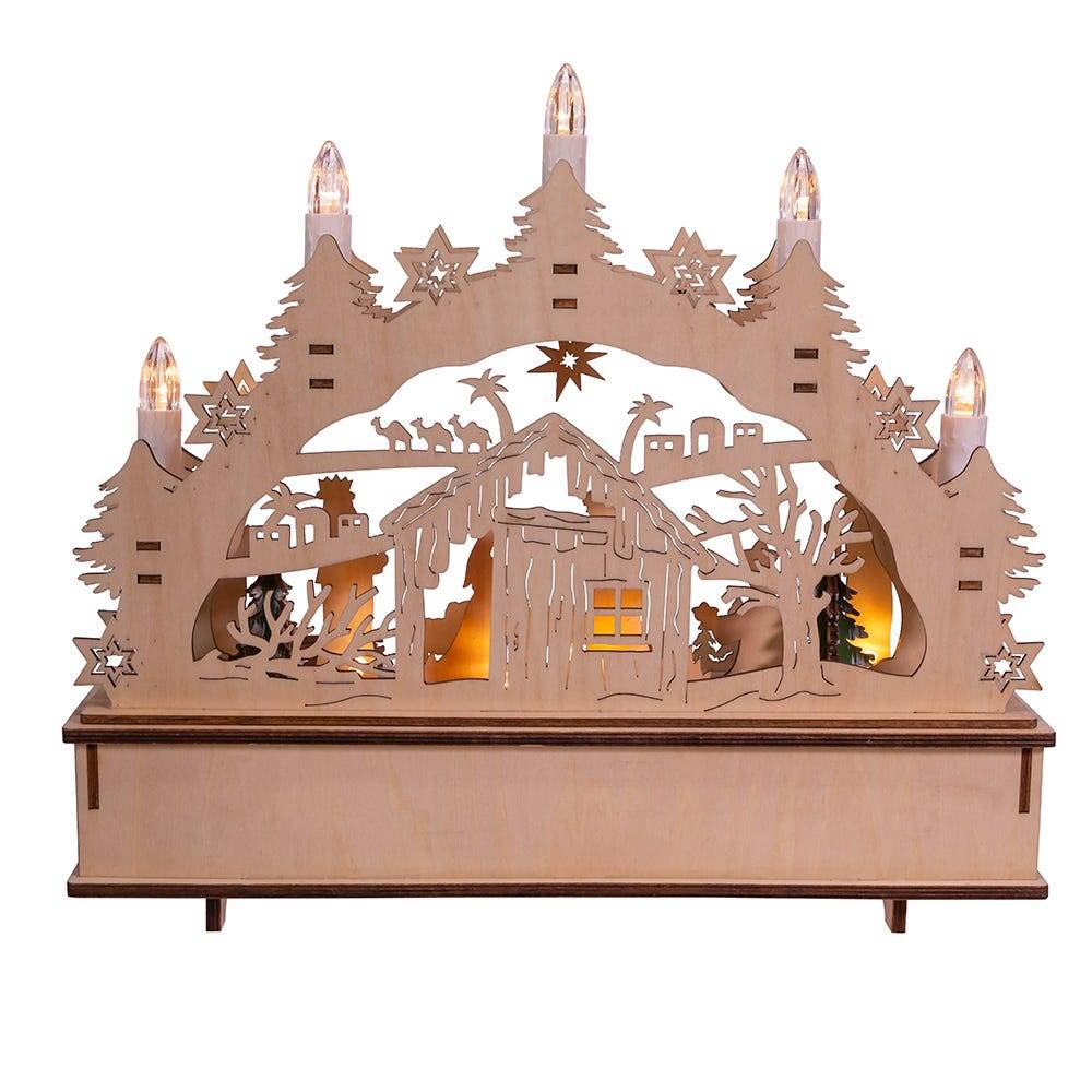 Kurt Adler 11-Inch Battery-Operated Light-Up Wooden Nativity Scene with Candles