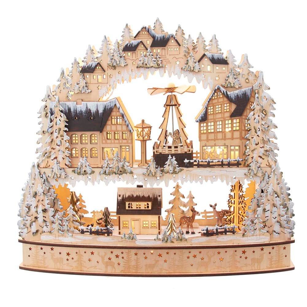 Kurt Adler 16-Inch Battery-Operated Light-Up Wooden Village with Motion