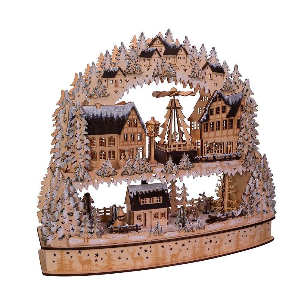 Kurt Adler 16-Inch Battery-Operated Light-Up Wooden Village with Motion