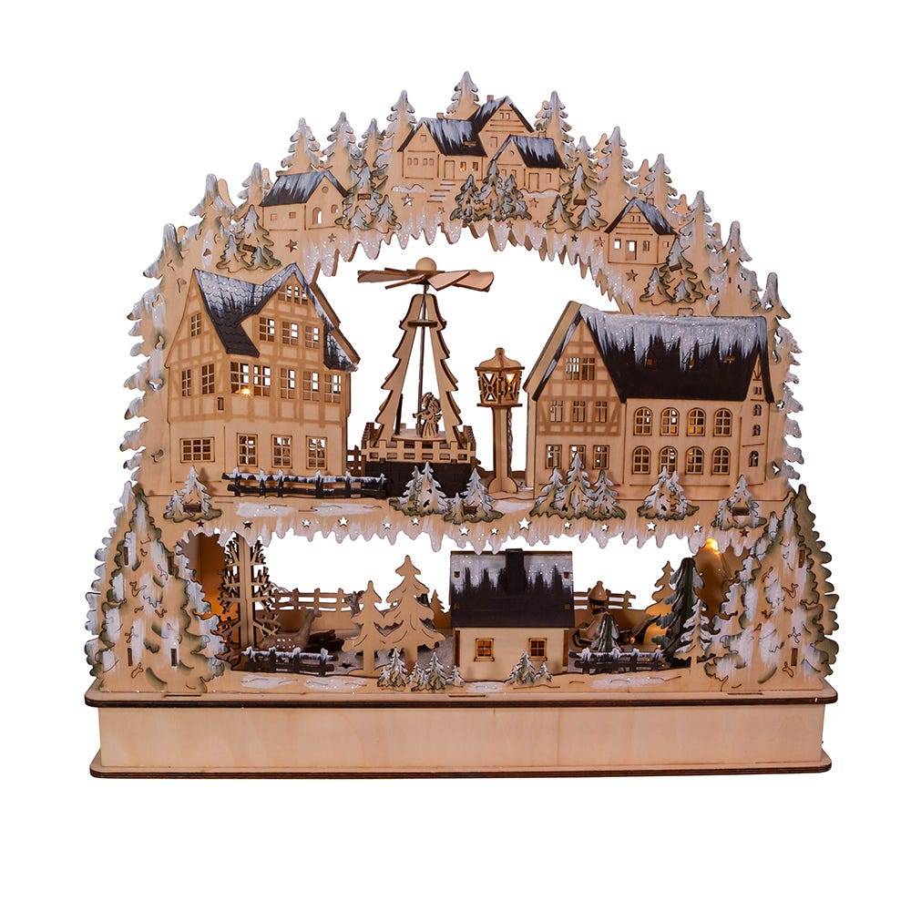 Kurt Adler 16-Inch Battery-Operated Light-Up Wooden Village with Motion