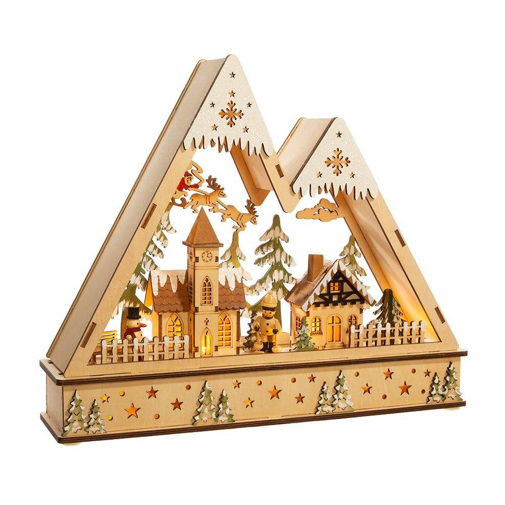 Kurt Adler 11.4-Inch Battery-Operated Wooden Light Up Mountain Village with Santa