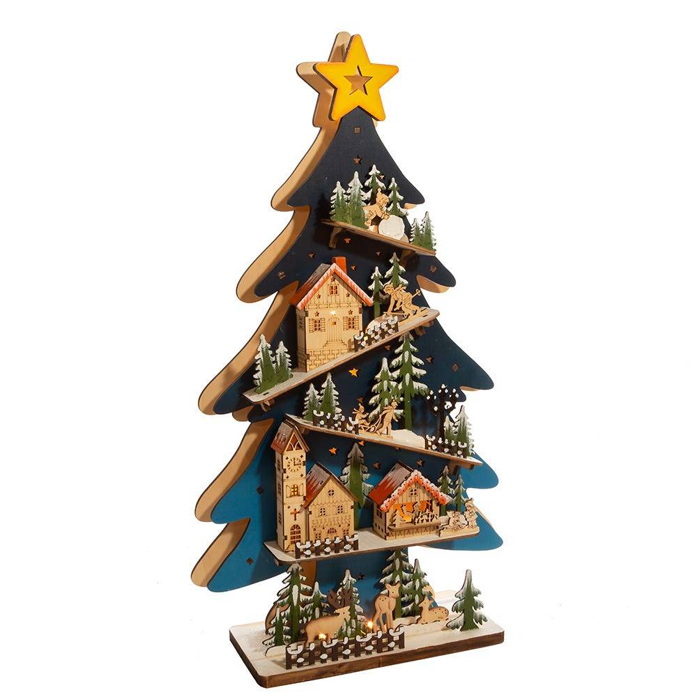 Kurt Adler 23.6-Inch Battery-Operated Light Up Wooden Christmas Tree with Village Scene