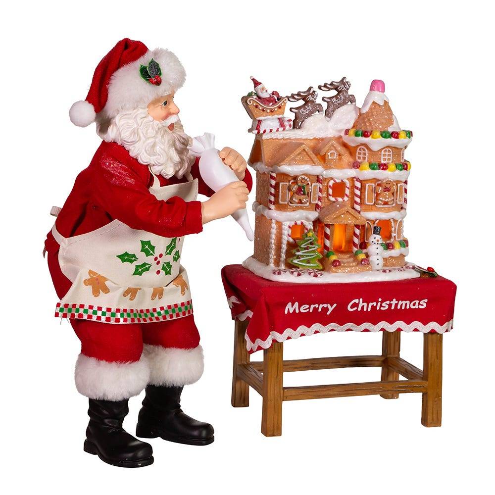 Kurt Adler 10.5-Inch Battery-Operated Fabriche Santa Decorating LED Gingerbread House Table Piece