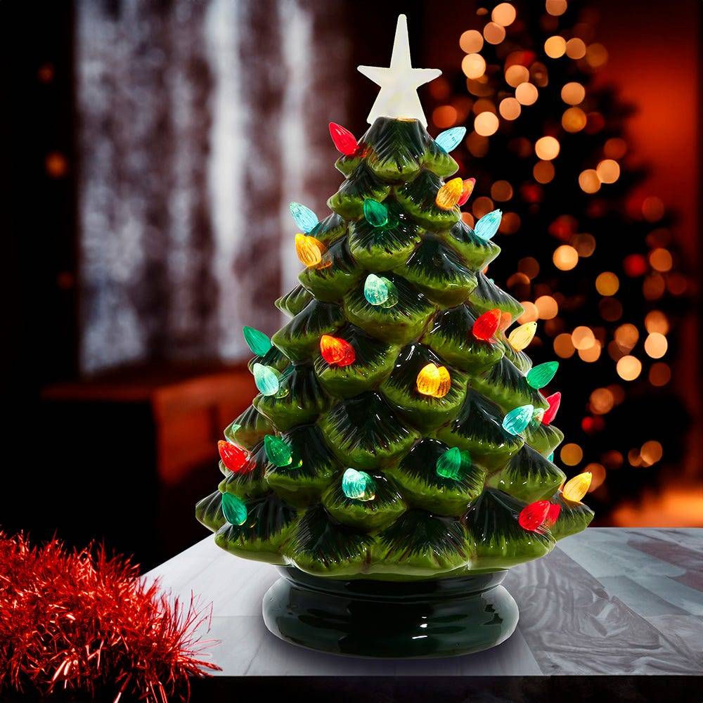 Kurt Adler 12-Inch Battery Operated LED Lighted Ceramic Green Tree Table Piece