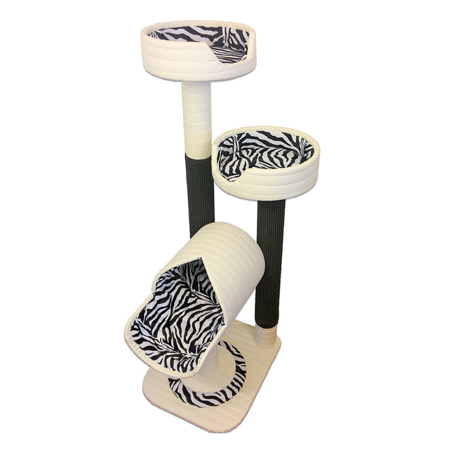 K2B Ivory Zebra Luxury Cat Tower with 2 Cat Beds