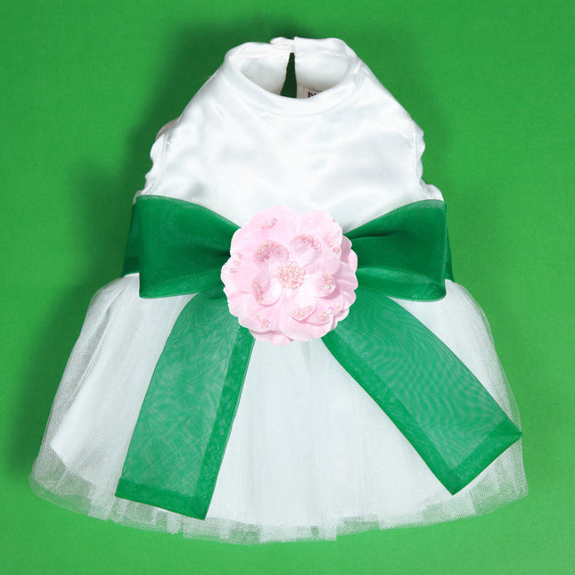 The Madeleine Harness Dog Dress with Kelly Green Sash