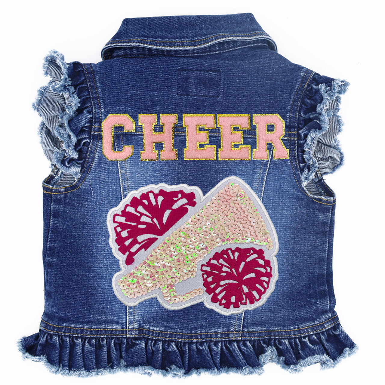 Cheer with Megaphone & Poms - Kids Denim Vest Blue Denim with Ruffles