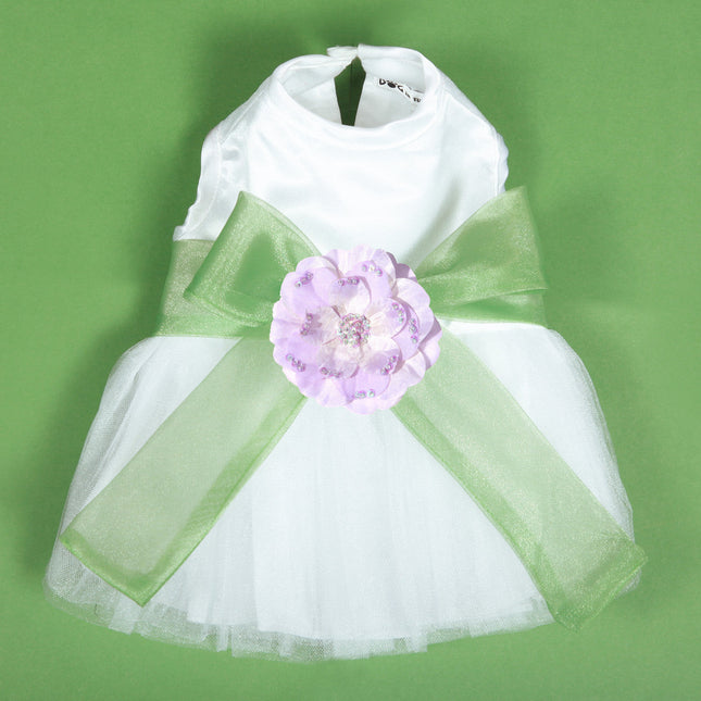 The Madeleine Dog Harness Dress with Leaf Green Sash