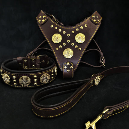 "Maximus Brown" BIG dog SET- Harness - collar - lead. Brass rivets