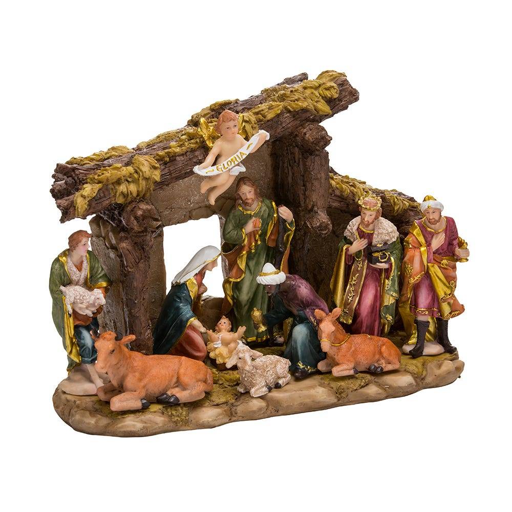 Kurt Adler Resin Nativity Set with Figures and Stable - 11-Piece Set