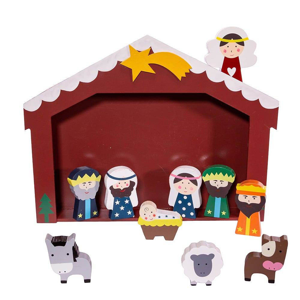 Kurt Adler 2-3-Inch Wooden Children's Nativity Set with Stable and 10 Figures