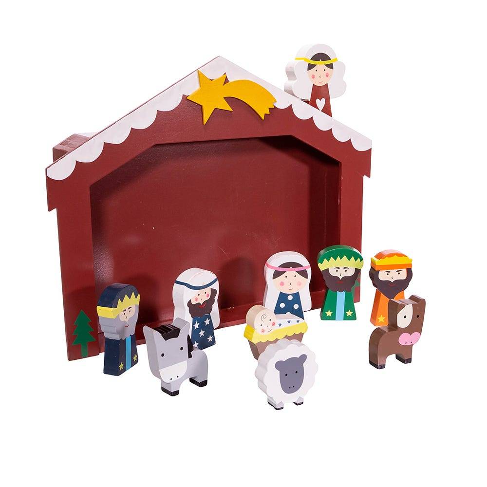 Kurt Adler 2-3-Inch Wooden Children's Nativity Set with Stable and 10 Figures