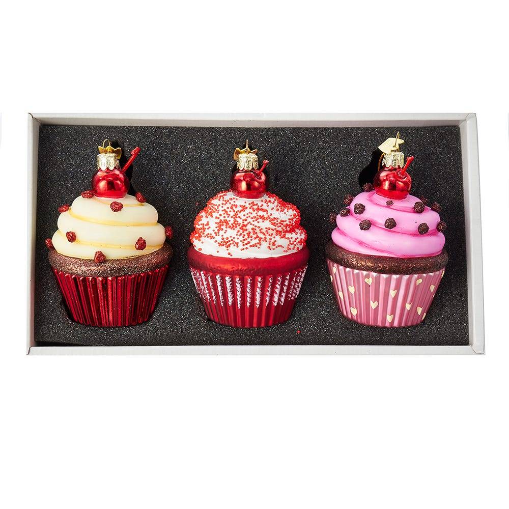 Kurt Adler Noble Gems Cupcake Glass Ornament Set, 3-Piece Box Set