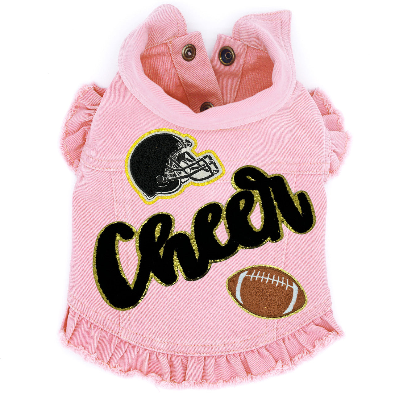 Cheer Football (Large) Denim Dog Jacket Pink Denim with Ruffles