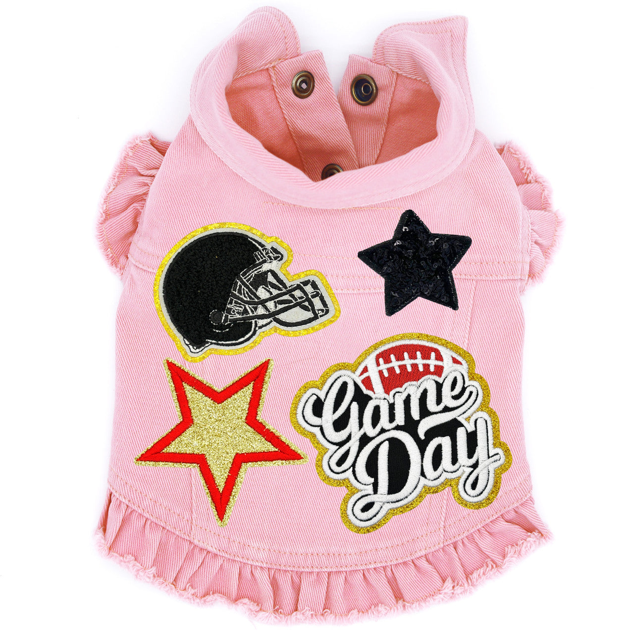 Game Day (Small) Denim Dog Jacket Pink Denim with Ruffles