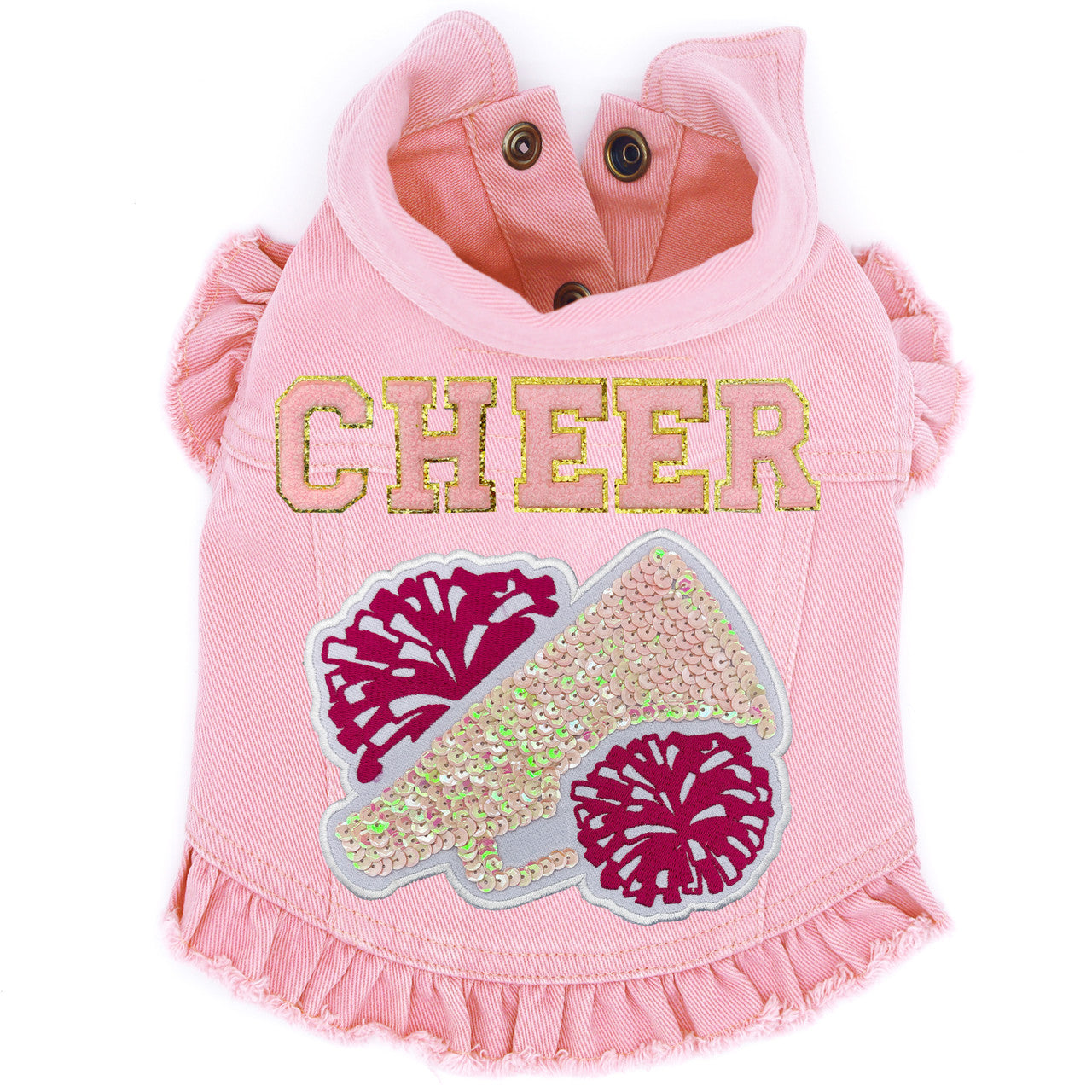 Cheer with Megaphone (Large) Denim Dog Jacket Blue Denim with Ruffles