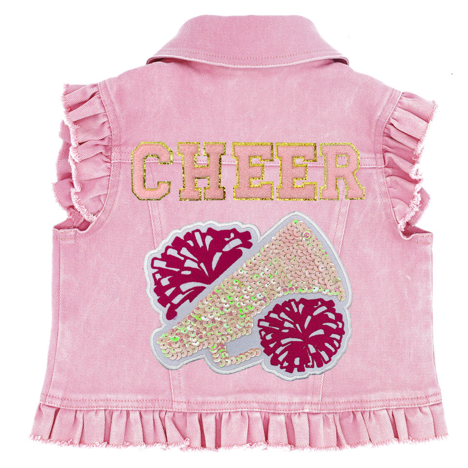 Cheer with Megaphone & Poms - Kids Denim Vest Pink Denim with Ruffles