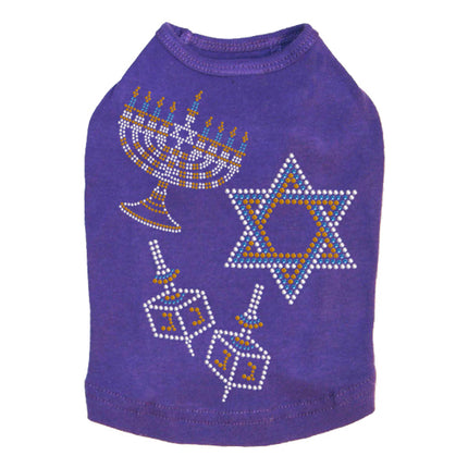 Menorah, Dreidel & Star of David (Blue & Gold) - Dog Tank