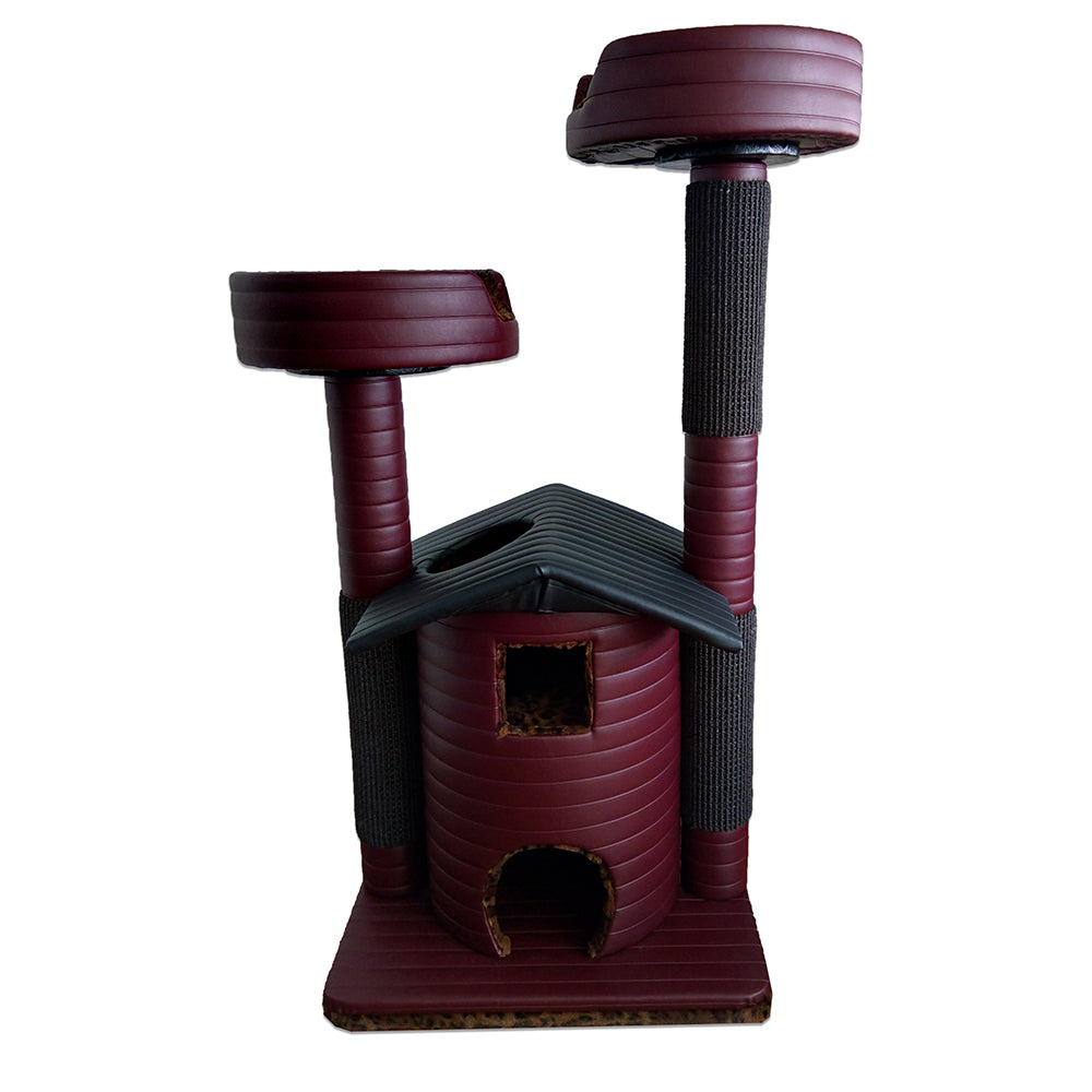 Queen's Kastle Deluxe Luxury Cat Tower with 2 Cat Beds Burgundy Leopard II