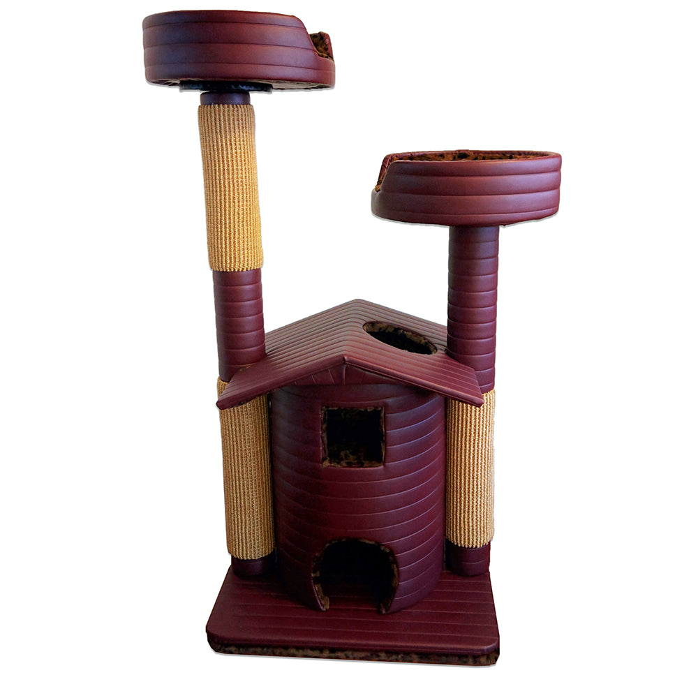 Queen's Kastle Deluxe Luxury Cat Tower with 2 Cat Beds Burgundy Leopard I