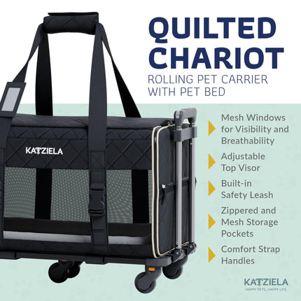 Quilted Chariot Pet Carrier With Removable Wheels and Telescopic Handle