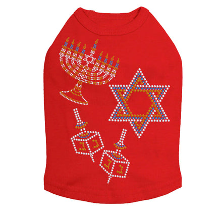 Menorah, Dreidel & Star of David (Blue & Gold) - Dog Tank