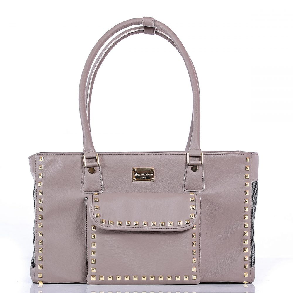 Designer Dog Travel Tote - Taupe with Gold Studs