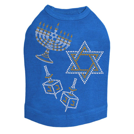 Menorah, Dreidel & Star of David (Blue & Gold) - Dog Tank