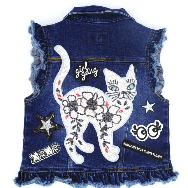 Sequin Kitty Kids Denim Vest