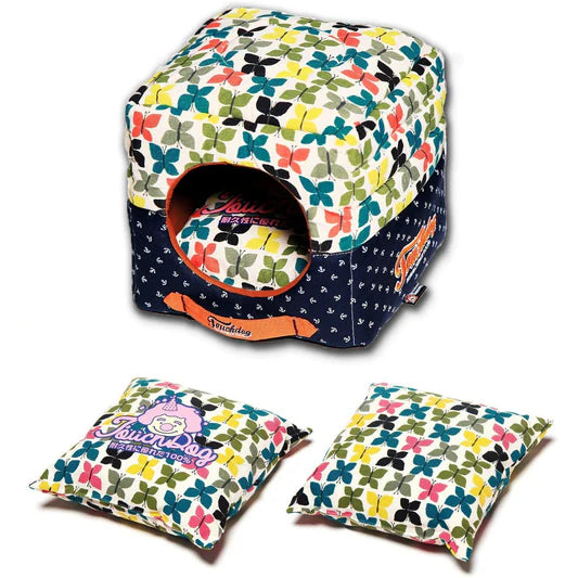 Touchdog Chirpin-Avery Convertible And Reversible Squared 2-In-1 Collapsible Dog House Bed Butterfly Pattern