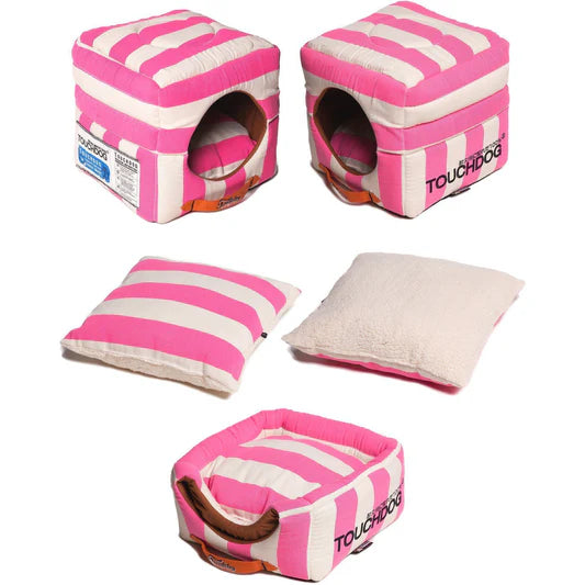 Polo-Striped 2-in-1 Convertible and Collapsible Dog and Cat Bed Pink, White