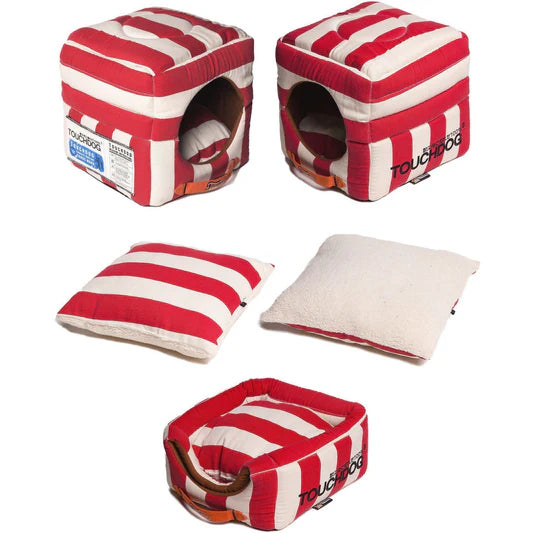 Polo-Striped 2-in-1 Convertible and Collapsible Dog and Cat Bed Red, White