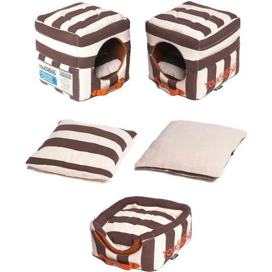 Polo-Striped 2-in-1 Convertible and Collapsible Dog and Cat Bed Cocoa Brown, White