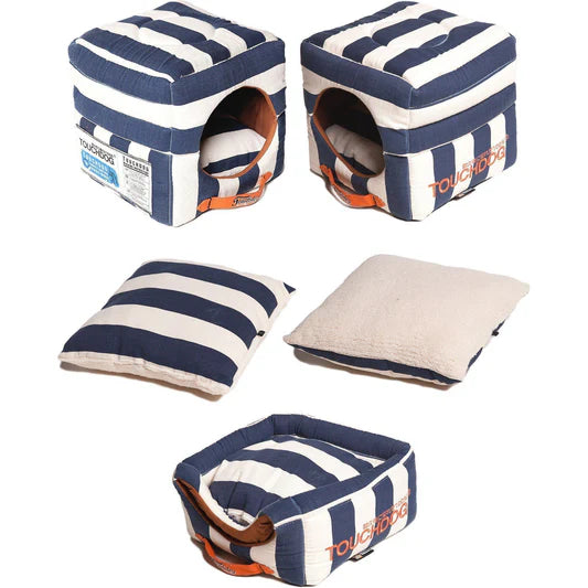 Polo-Striped 2-in-1 Convertible and Collapsible Dog and Cat Bed Blue, White