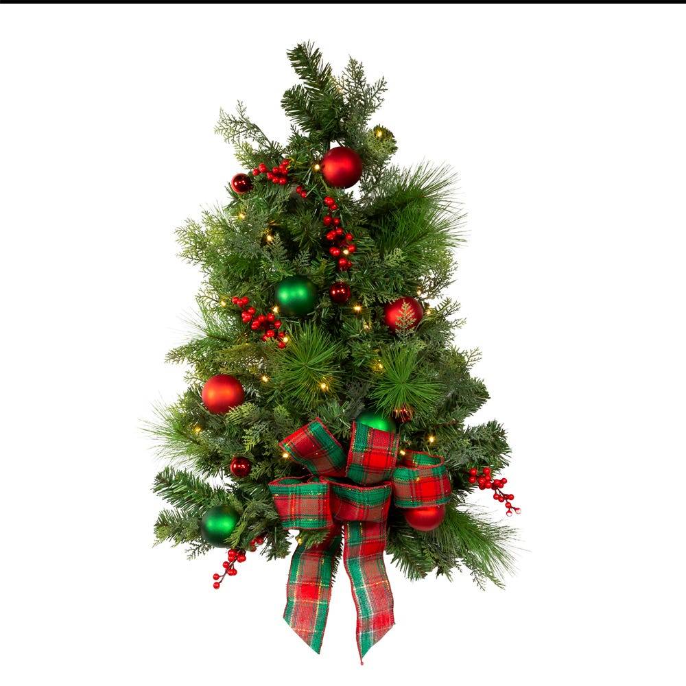 Kurt Adler 26-Inch Battery-Operated Pre-Lit Red And Green Wall Tree With Bow