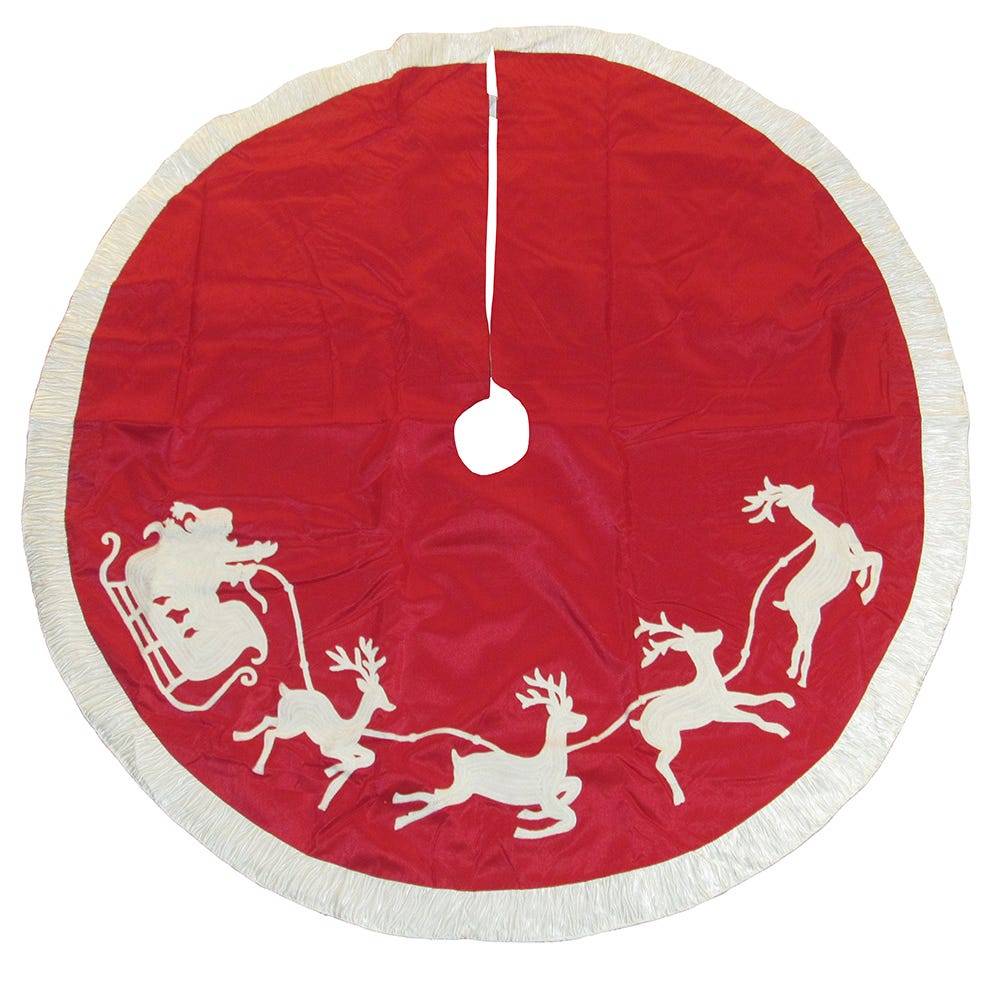 Kurt Adler 50-Inch Red and White Santa Sleigh Embroidered Treeskirt