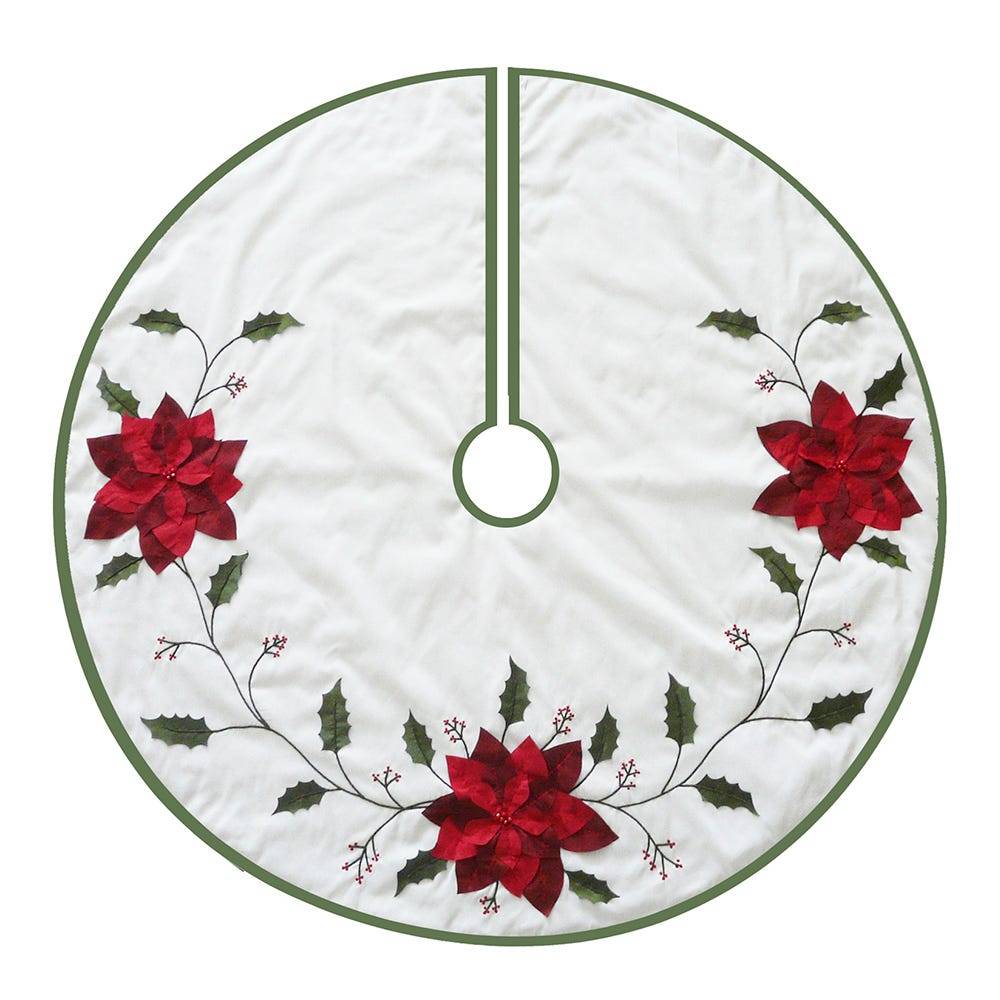 Kurt Adler 54-Inch Ivory with Holly Leaves and Poinsettia Tree Skirt