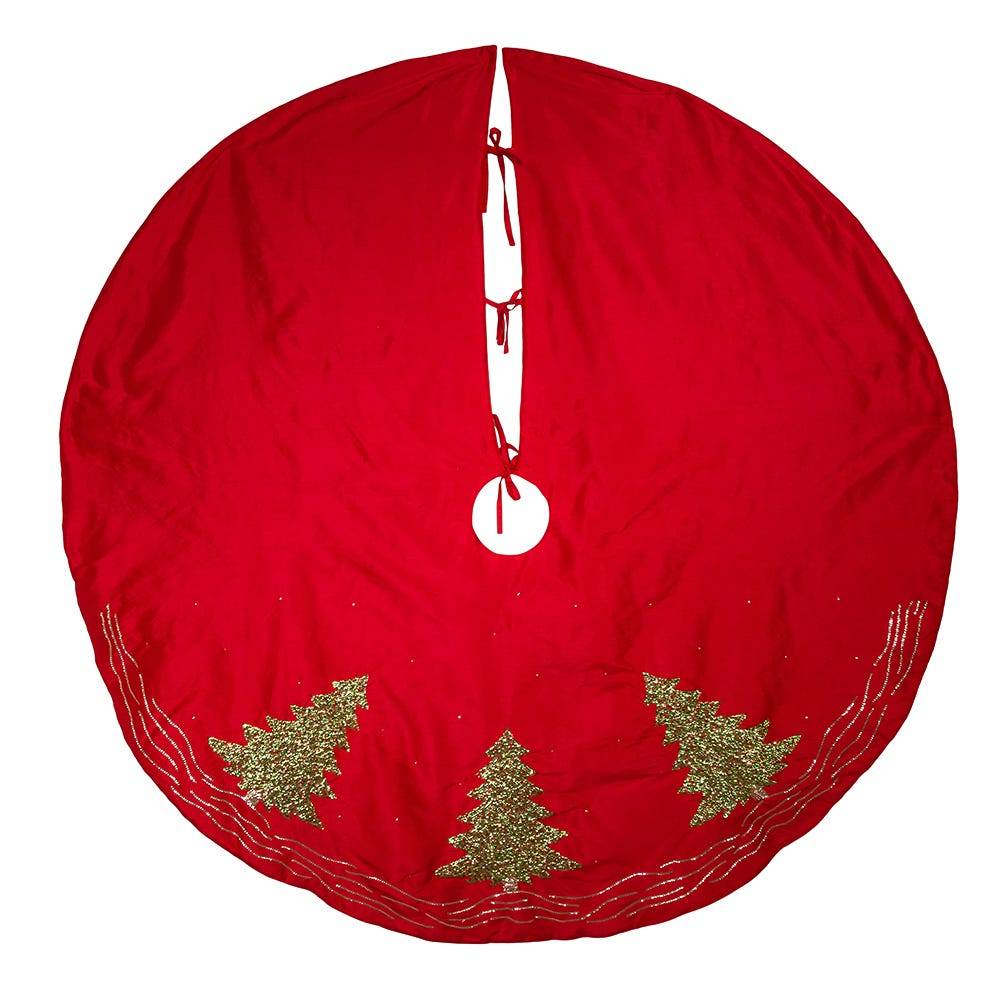 Kurt Adler 60-Inch Red Tree Skirt with Green Embroidered Tree Design