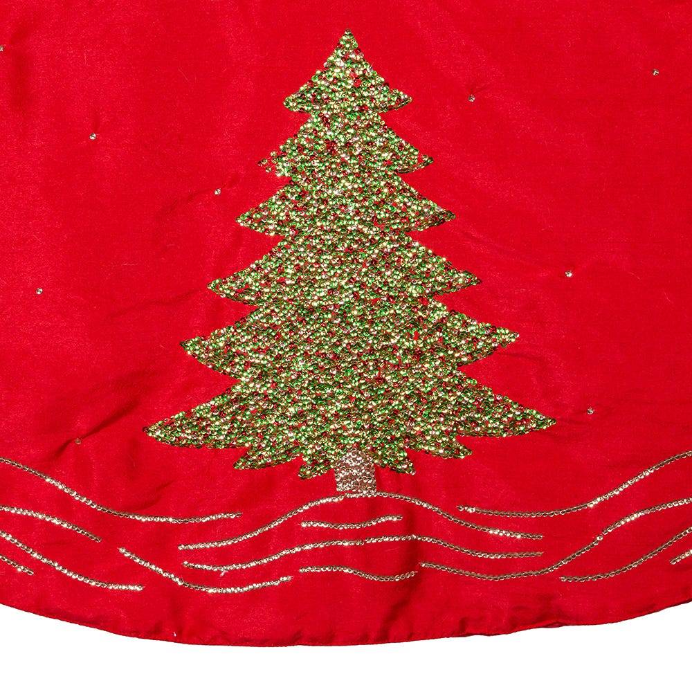 Kurt Adler 60-Inch Red Tree Skirt with Green Embroidered Tree Design