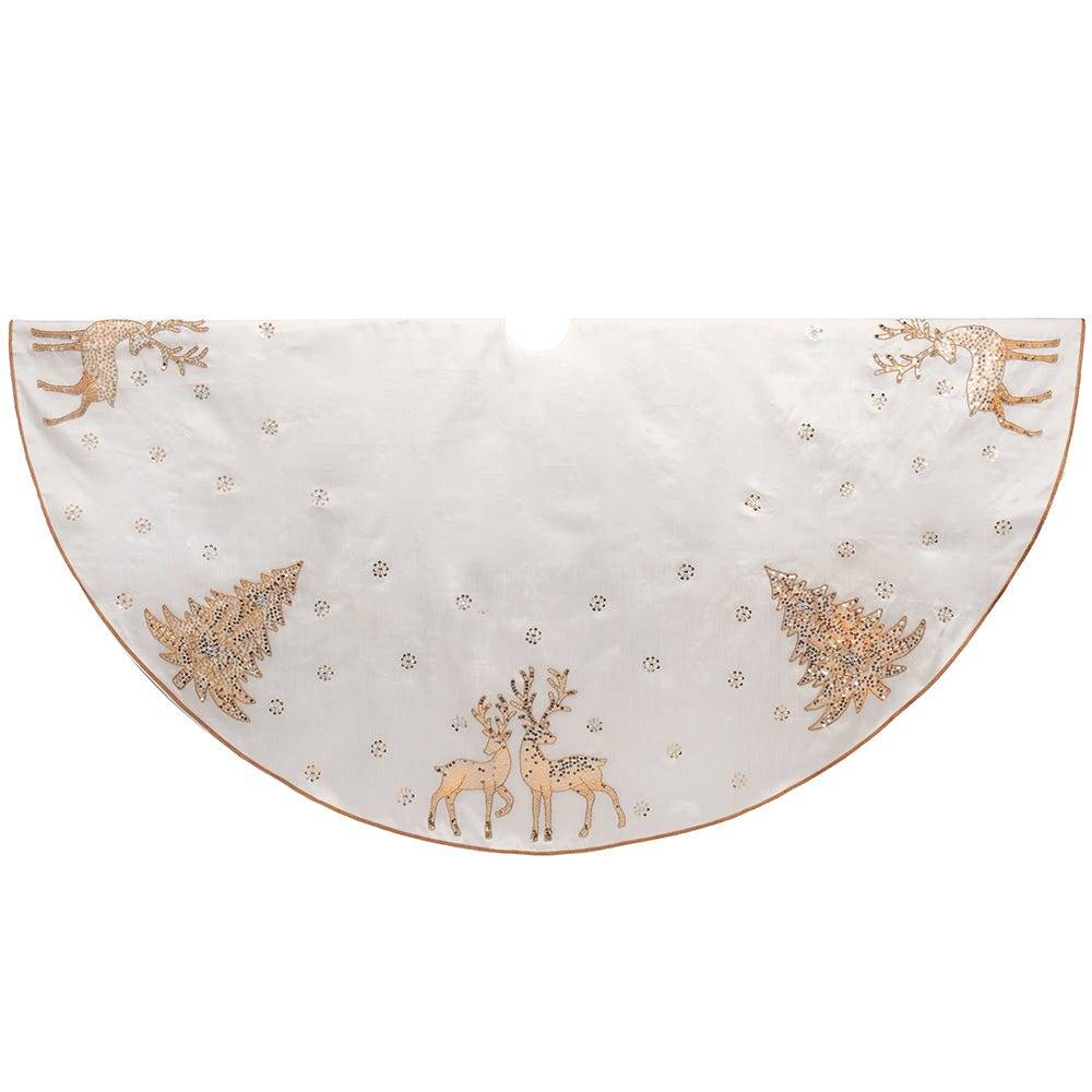 Kurt Adler 72-Inch White Tree Skirt with Gold Glitter Tree and Reindeer Design