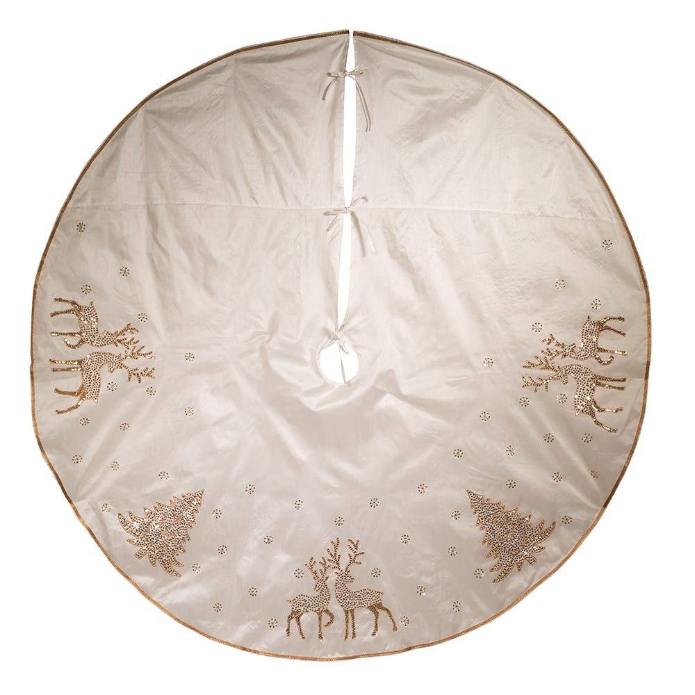 Kurt Adler 72-Inch White Tree Skirt with Gold Glitter Tree and Reindeer Design