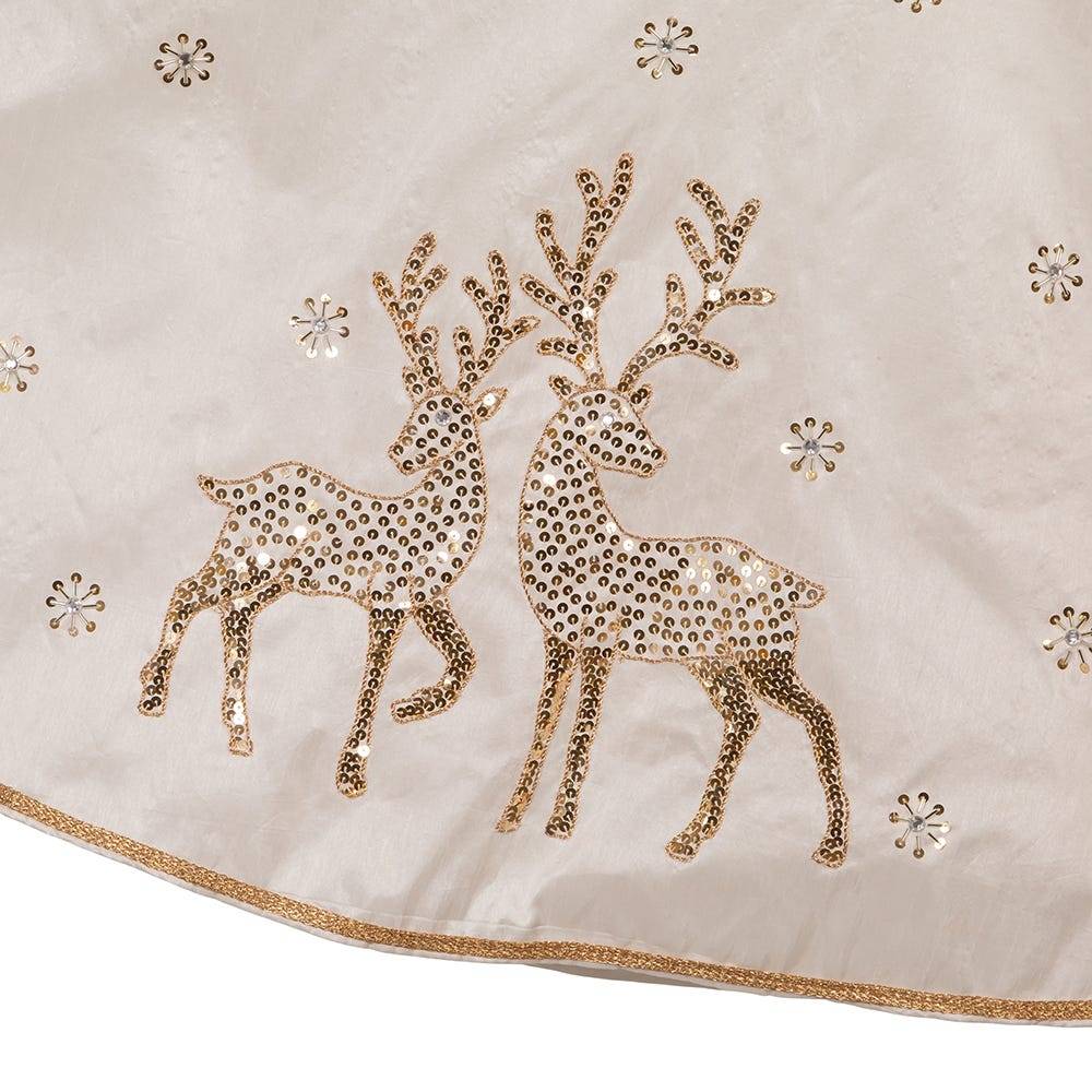 Kurt Adler 72-Inch White Tree Skirt with Gold Glitter Tree and Reindeer Design