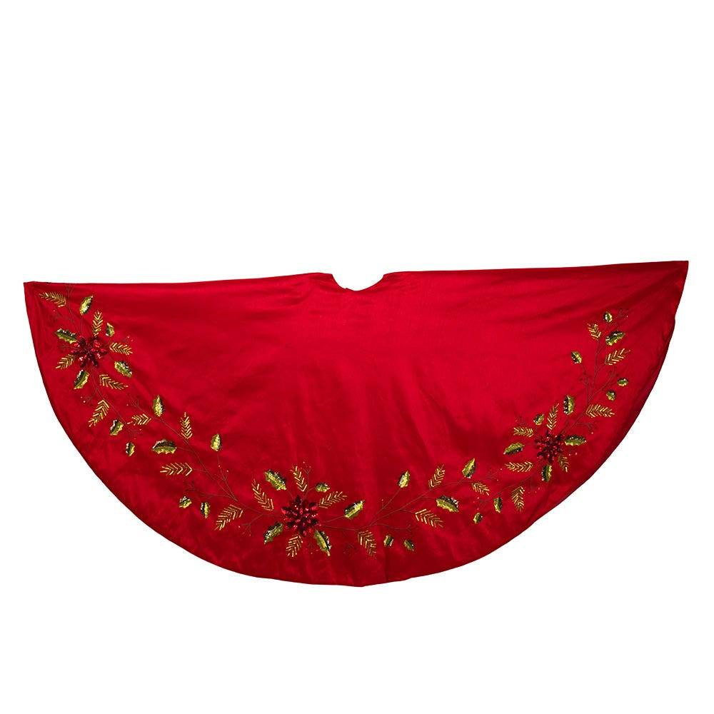 Kurt Adler 72-Inch Red Dupion Tree Skirt with Multi Sequin Poinsettia